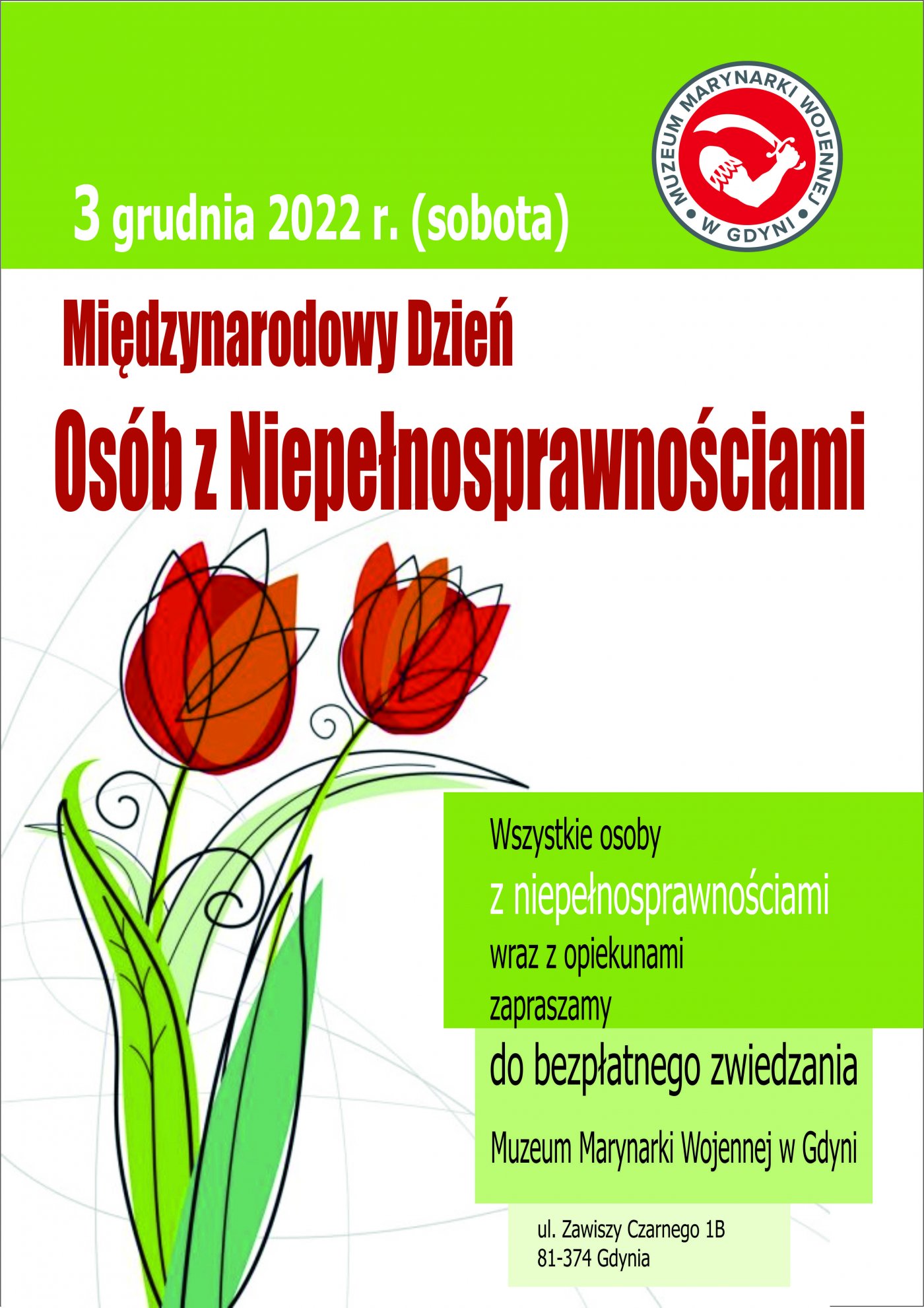 Plakat zapraszający osoby z niepełnosprawnościami do bezpłatnego zwiedzania Muzeum