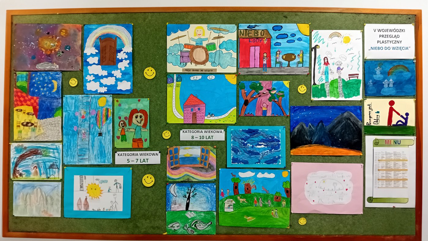 Prace finalistów V Wojewódzkiego Przeglądu Plastycznego „Niebo do wzięcia” w kategorii wiekowej 5-7 oraz 8-10 lat (mat. Fundacji Przytulny Domek)