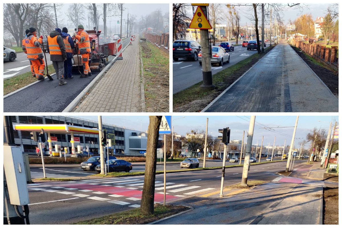 Kolaż zdjęć: lewy górny róg- robotnicy w trakcie prac na odcinku remontowanej ścieżki rowerowej, prawy górny róg- nowa ścieżka i chodnik, na dole okolica stacji beznzynowej i przejścia dla pieszych na  al. Zwycięstwa // fot.ZDiZ