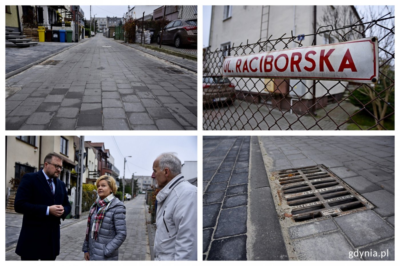 Ulica Raciborska w nowej odsłonie. Na jednym ze zdjęć: Marek Łucyk, wiceprezydent Gdyni, mieszkanka ul. Raciborskiej oraz Henryk Wiszniowski, radny dzielnicy Orłowo // fot. Paweł Kukla