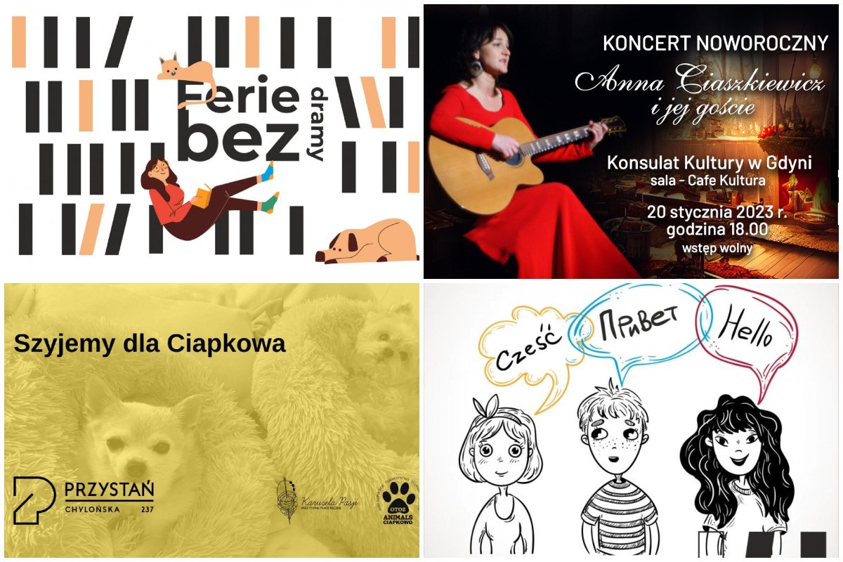 kolaż grafik: od góry dziewczynka z psem i książkami, dziewczyna z gitarą w czerwonej sukience, piesek owinięty w futrzasty kocyk, ludziki witające się w różnych językach