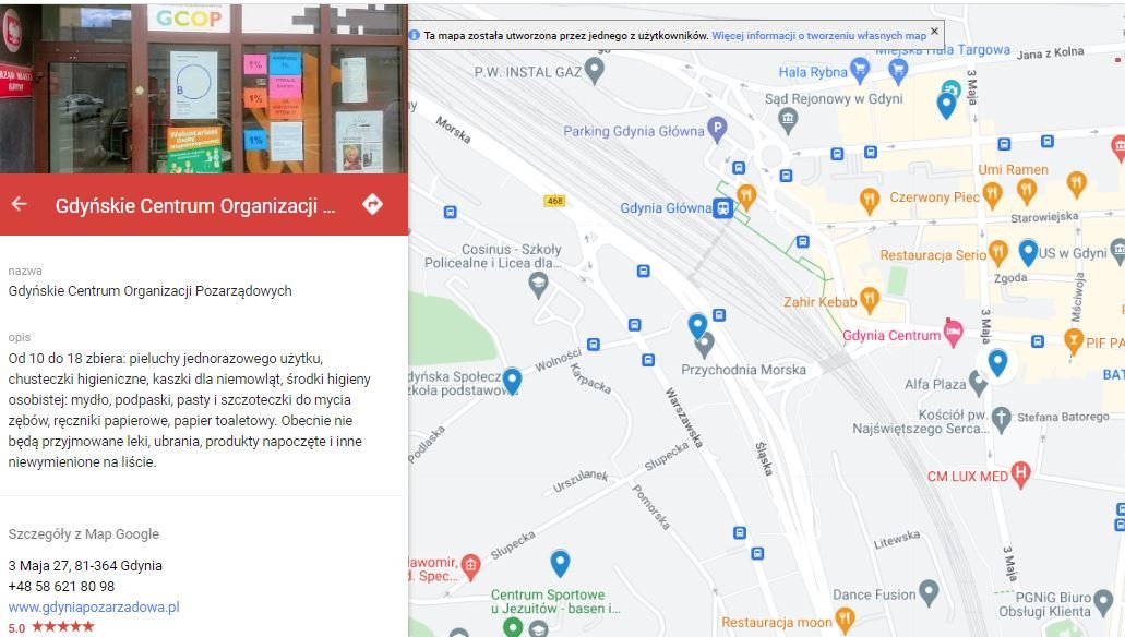 Na mapie zbiórek każdy punkt udostępnia informacje o potrzebach i godzinach przyjmowania darów