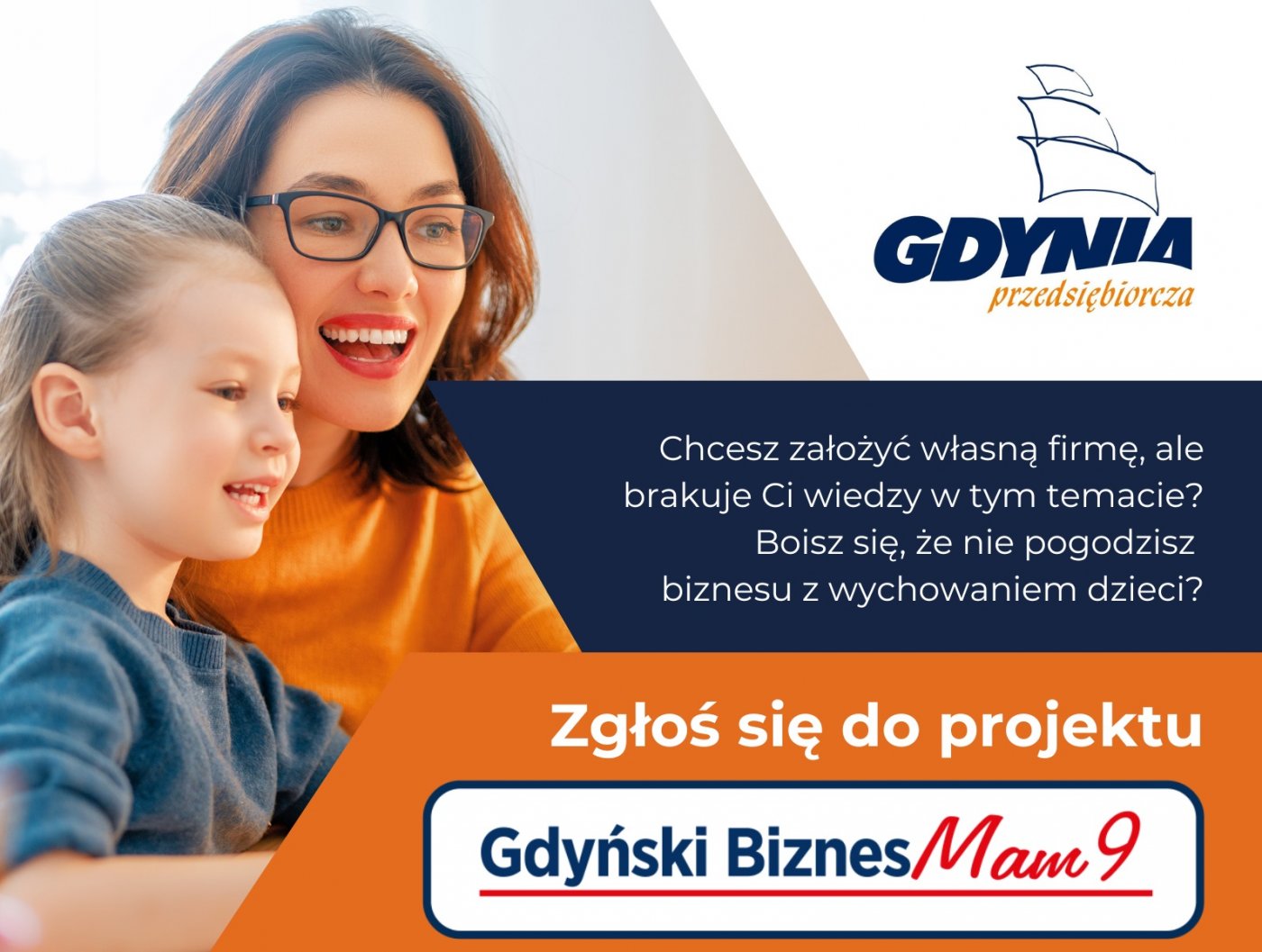 Kobieta z dzieckiem, pomarańczowe elementy, logotyp Gdyni, nazwa projektu Gdyński Biznesmam 9 i pisemne informacje