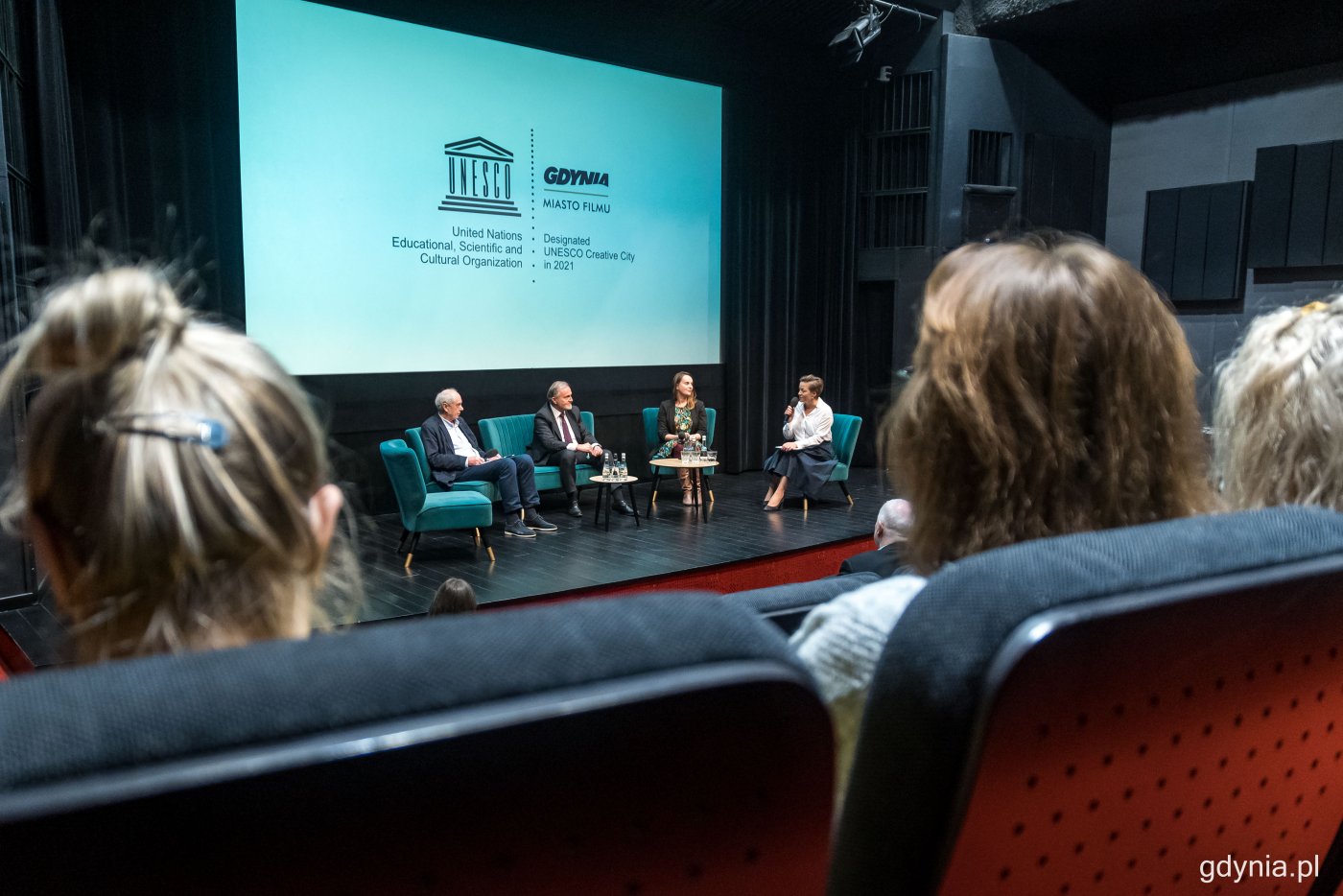 Konferencja prasowa, od lewej: Leszek Kopeć, dyrektor Gdyńskiego Centrum Filmowego, prezydent Wojciech Szczurek, Maja Wagner, naczelnik Wydziału Kultury UM,Magdalena Jacoń, rzecznik prasowy Gdyńskiego Centrum Filmowego. // fot. Kamil Złoch