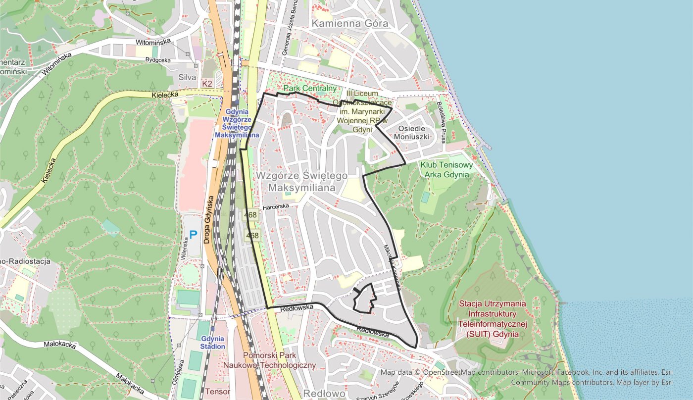 Granice konsultowanego planu dla dzielnic w obrysie 