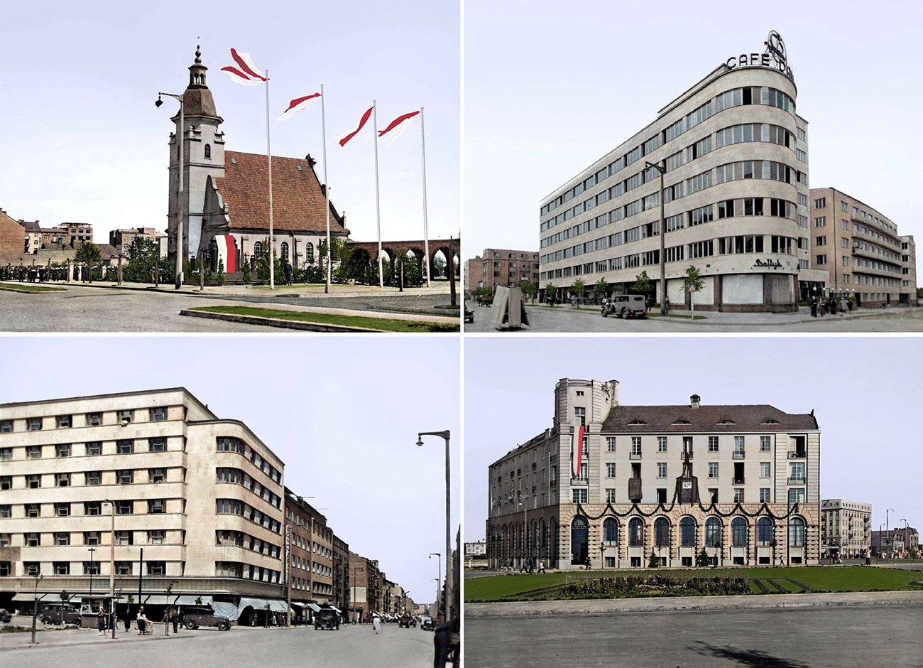 Ikony gdyńskiej architektury na przedwojennej fotografii pokolorowanej przez Adama Ciećwierza. Źródło: NAC