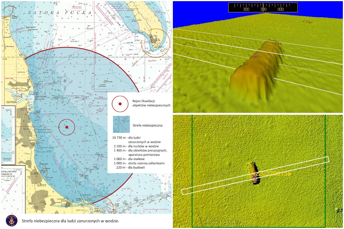 Mapa przedstawiająca strefę niebezpieczną dla ludzi zanurzonych w owdzie oraz obrazy odkrytych na dnie morskim w Porcie Gdynia niewybuchów.