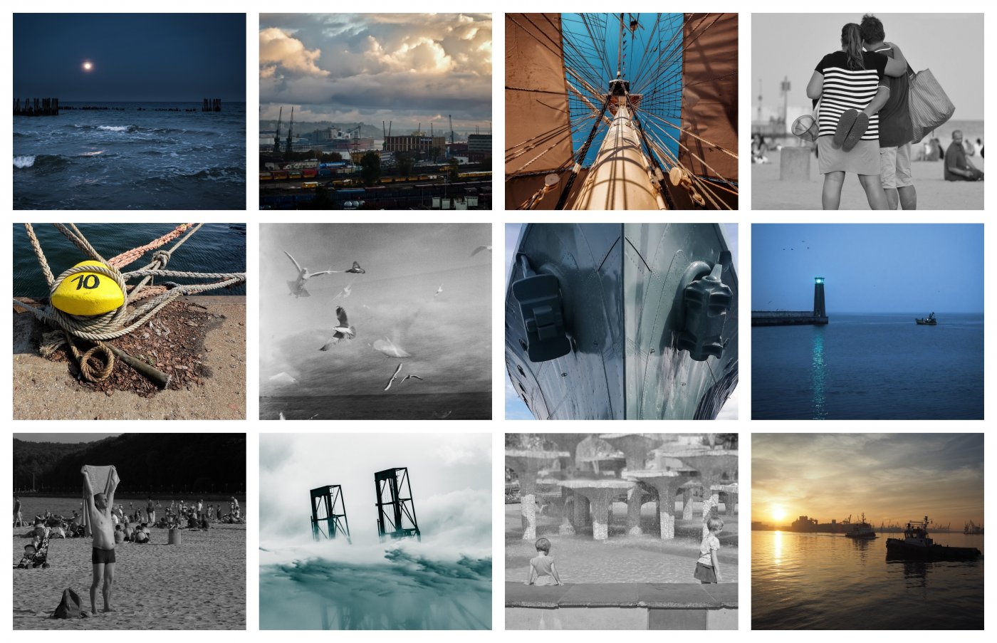 Kolaż nagrodzonych i wyróżnionych fotografii w konkursie Legenda Morska w Obiektywie 2020.