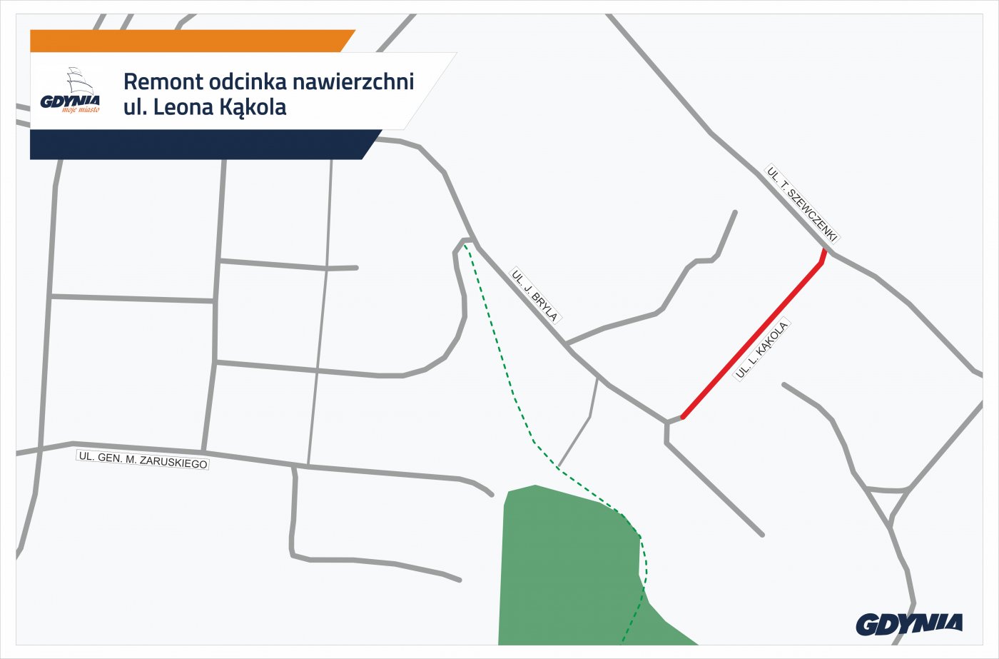 Mapka z zaznaczoną na czerwono ulica Kąkola // mat.pras. #dzielnicewGdyni