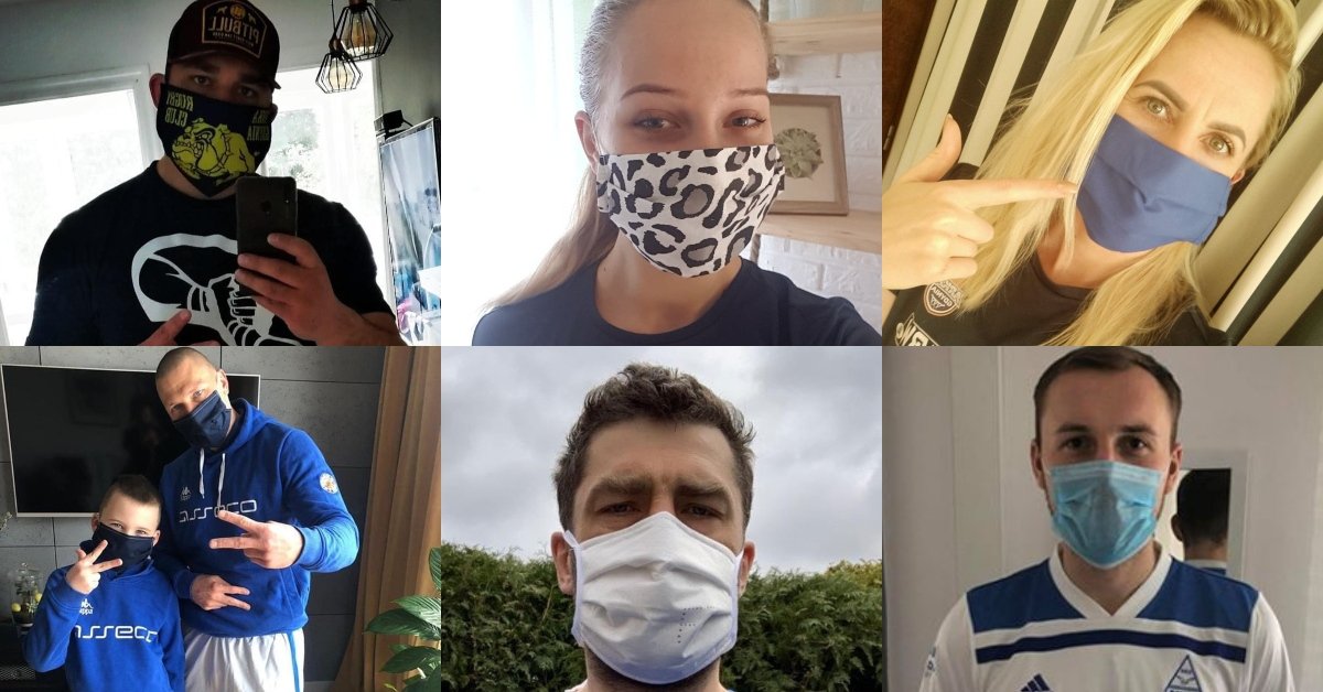 Sportowcy z Gdyni pozujący w maskach ochronnych i promujących akcję noszenia masek. Od prawej: Jan Kowalski, Jan Nowak, Katarzyna Kowalska.