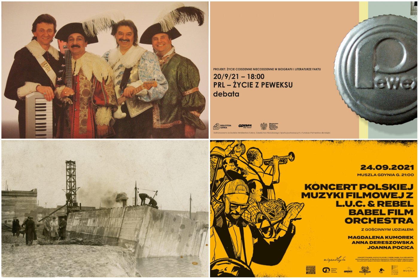 Kolaz zdjęć, od lewego górnego zgodnie z zegarem: Historia Rock'n'Rolla - wykład Piotra Metza; Życie z Peweksu - debata Biblioteki Gdynia; Koncert Polskiej Muzyki Filmowej z okazji 46. FPFF; wernisaż wystawy 