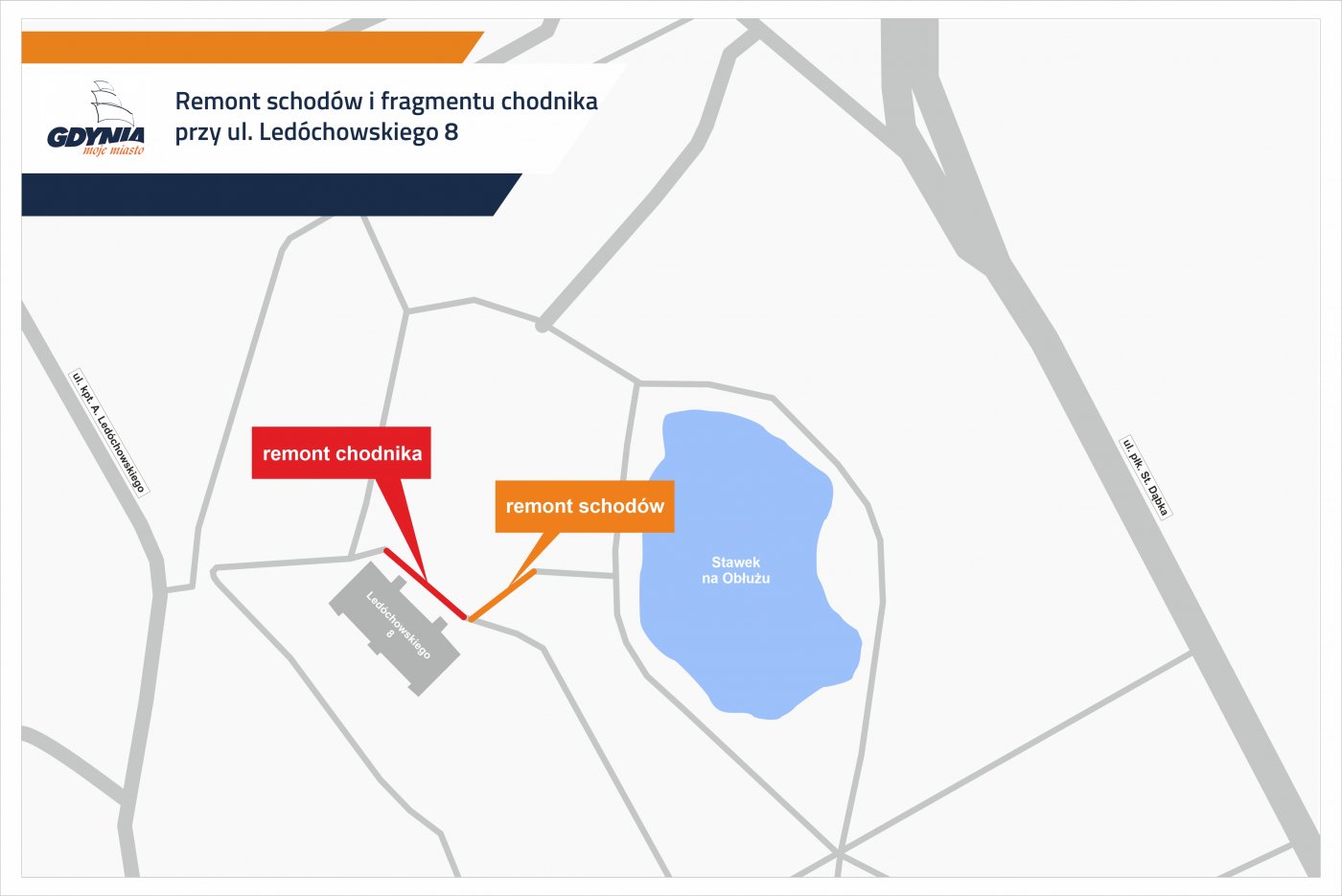 Mapka wskazująca odcinki remontowanych schodów i chodnika przy ul.Ledóchowskiego // mat.pras/ #dzielnicewGdyni