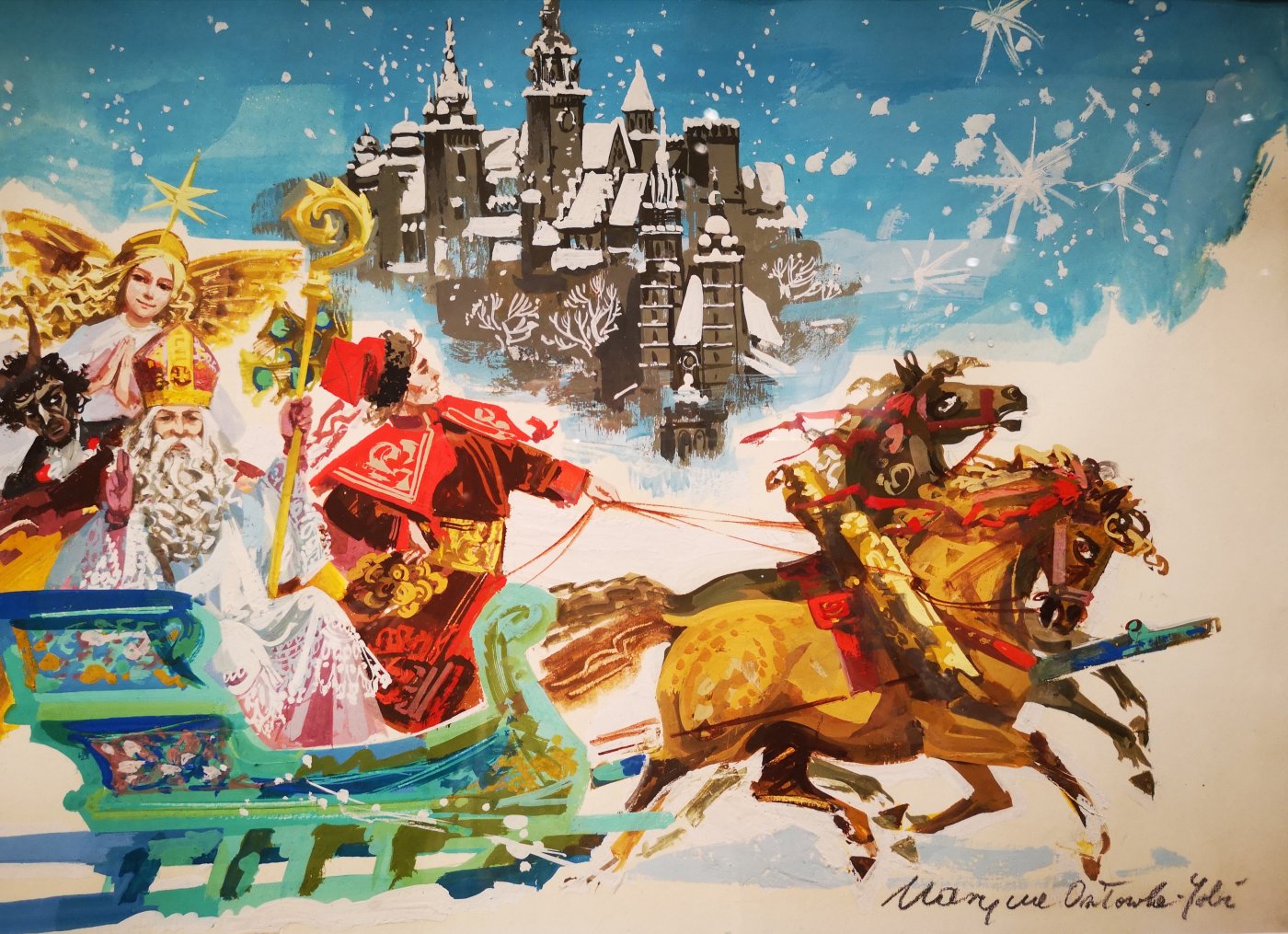 i
na pocztówce Królowa Śniegu jedzie na saniach