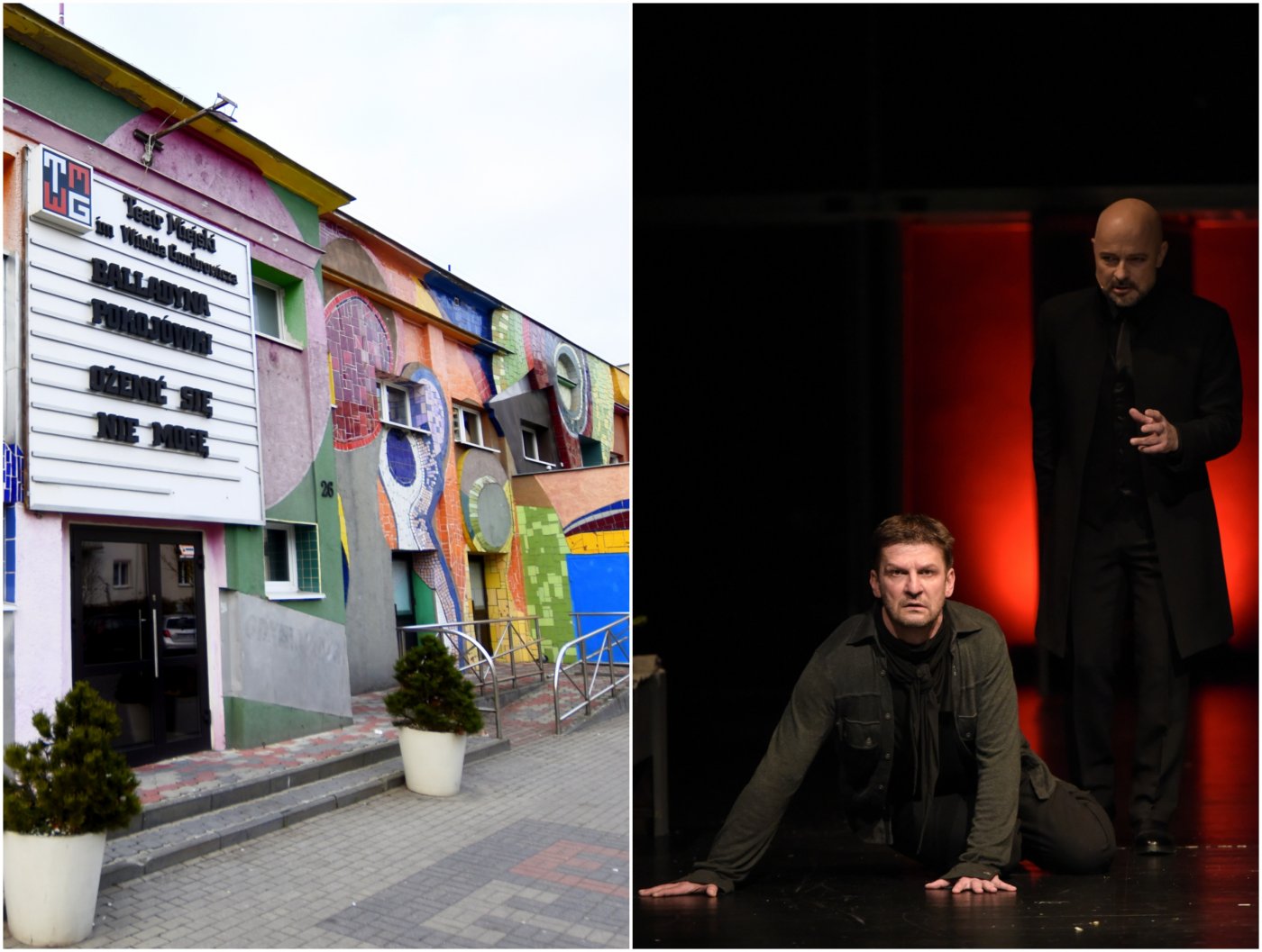 Kolaż zdjęć. Po lewej: budynek Teatru Miejskiego w Gdyni (zdjęcie archiwalne) // fot. Jan Ziarnicki. Po prawej: scena zbiorowa ze spektaklu „Dziady” // fot. Roman Jocher