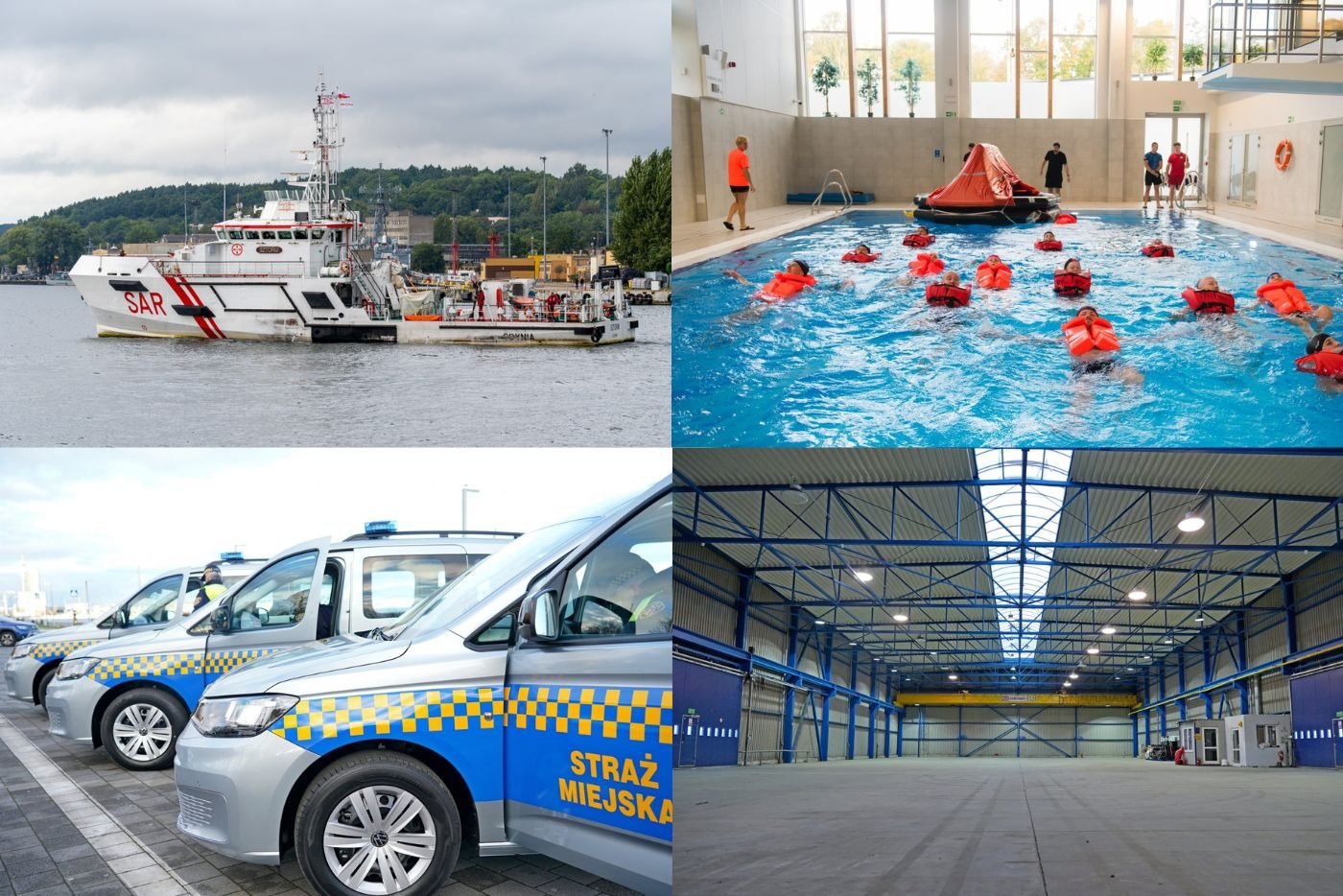 Na zdjęciu (od lewej): ćwiczenia KRAKEN (fot. Michał Sałata), nowe radiowozy Styraży Miejskiej (fot. Magdalena Czernek), Szkolenie z indywidualnych technik ratunkowych w ramach akcji „Trenuj z wojskiem” na Akademii Marynarki Wojennej (fot. Paweł Budziński), hala magazynowa na potrzeby ochrony ludnści i obrony cywilnej (fot. Magdalena Czernek)