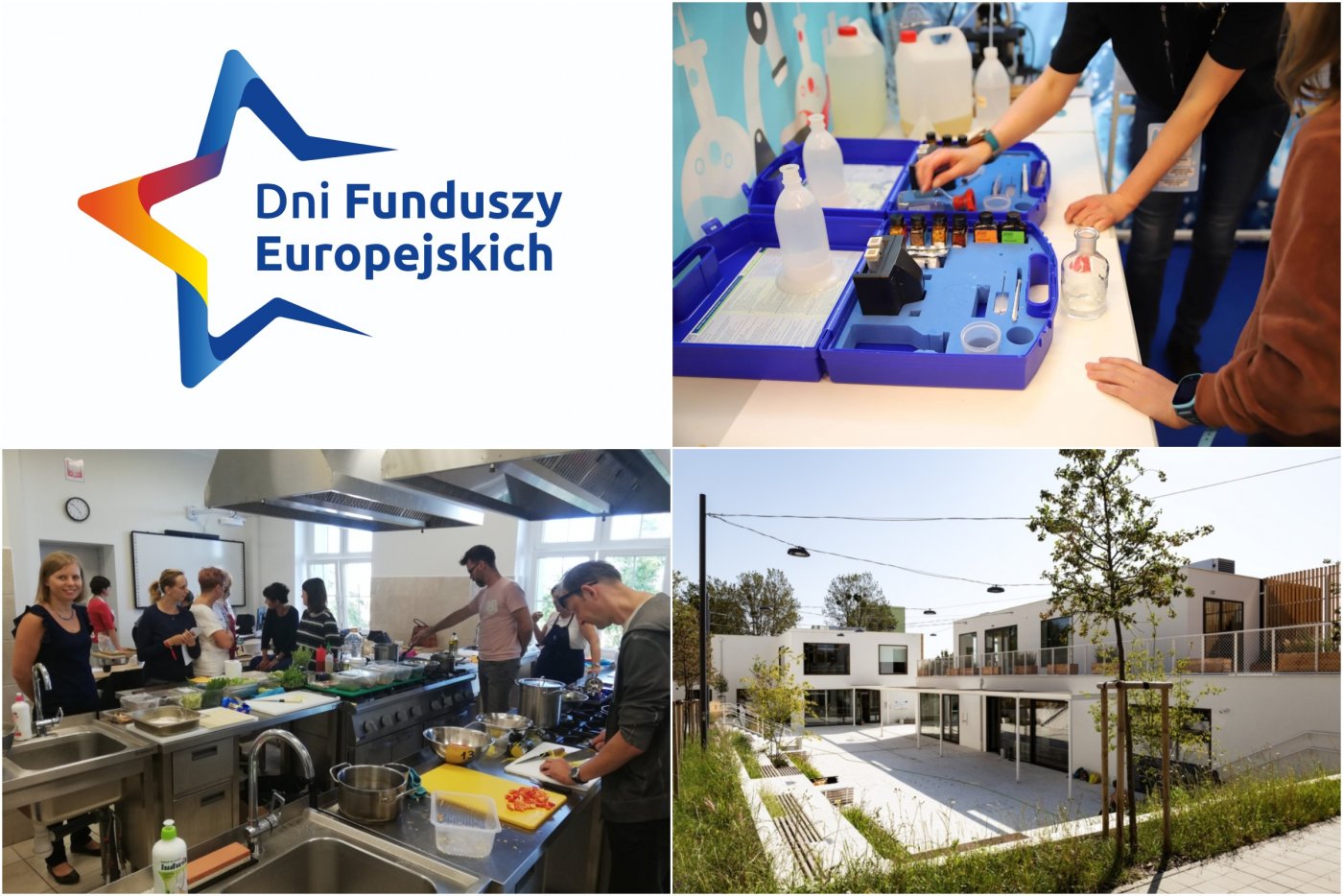 U góry po lewej: logo Dni Funduszy Europejskich (materiały prasowe). U góry po prawej: walizka z przyborami do eksperymentów chemicznych. Odczynniki w plastikowych butelkach (fot. materiały prasowe). Na dole po lewej: Kurs zawodowy w Zespole Szkół Hotelarsko-Gastronomicznych w Gdyni (fot. materiały prasowe). Na dole po prawej: Przystań Widna 2A (fot. materiały prasowe)