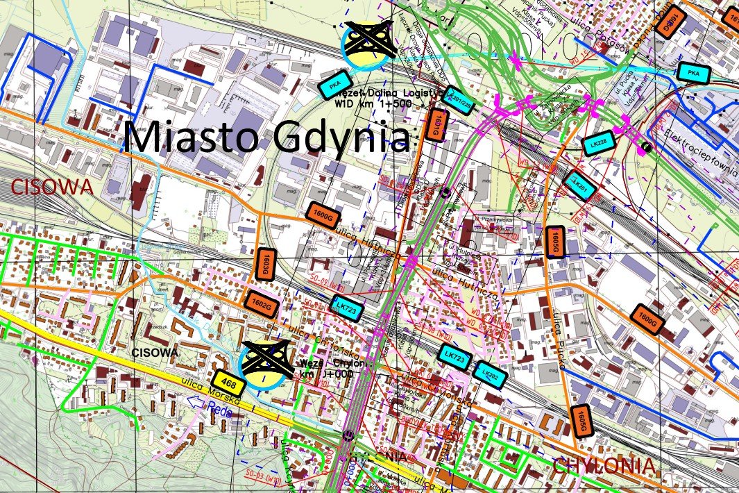Fragment mapy projektowej dotyczącej wariantu W1D Drogi Czerwonej (mat. GDDKiA)