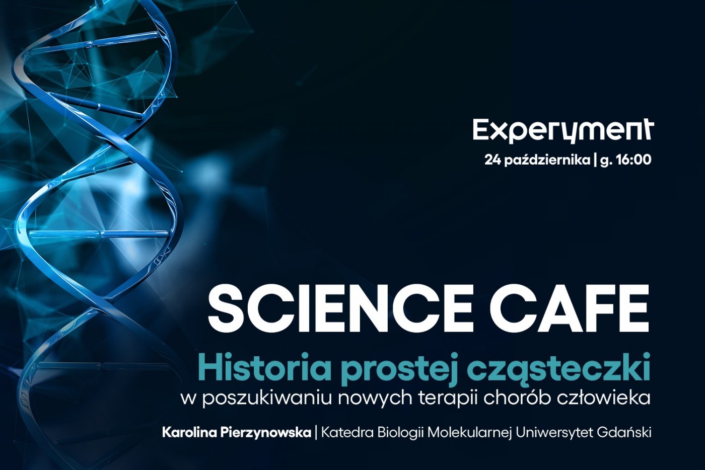 W tle widzimy stylizowaną, podwójną helisę DNA w ciemno niebieskich, granatowych barwach. Na środku duży, biały i wyraźny napis 