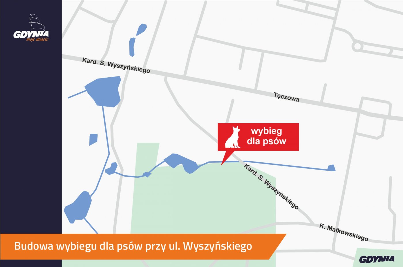 grafika, mapa z zaznaczoną lokalizacją wybiegu dla psów