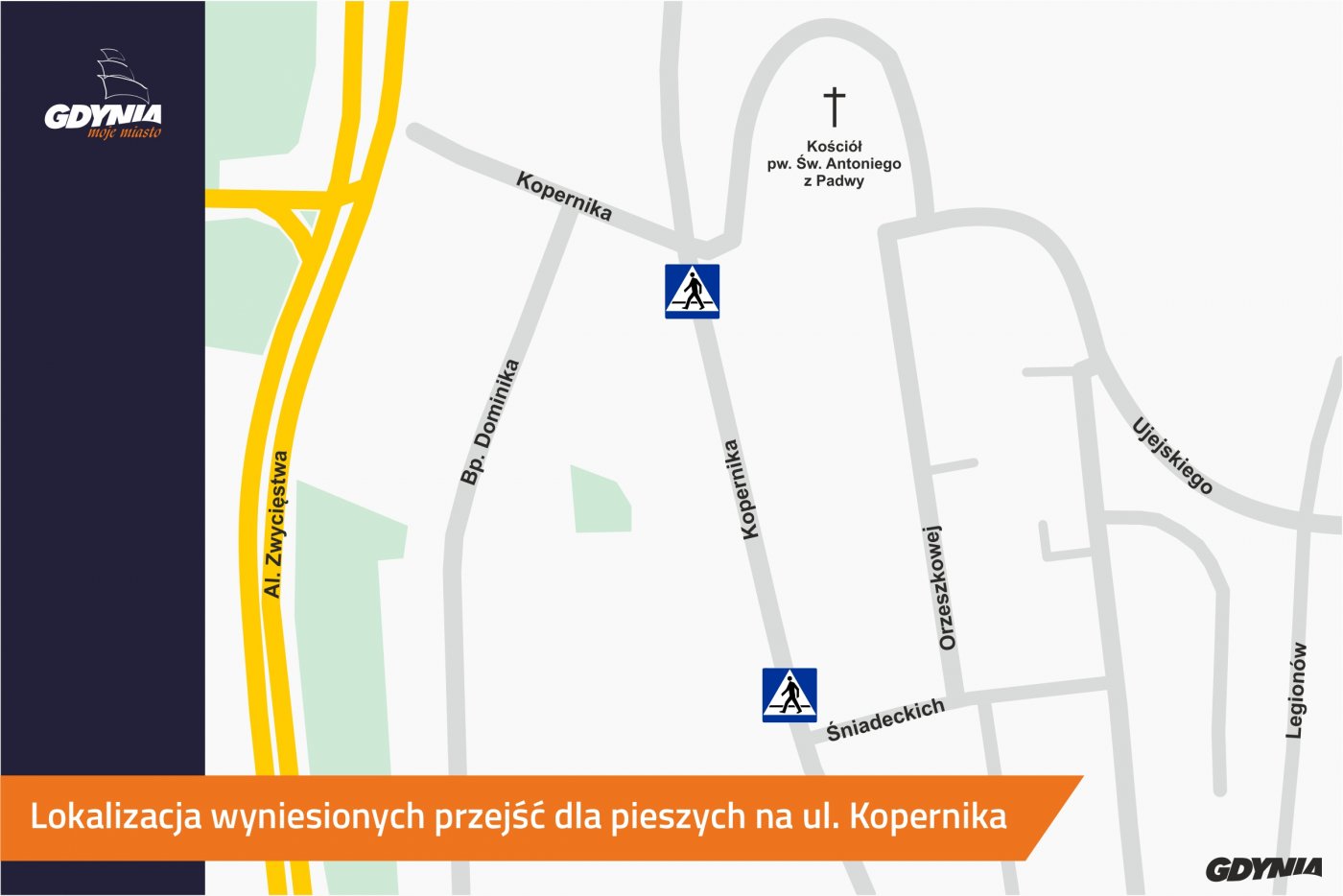 grafika, mapa przedstawiająca lokalizacje przejść dla pieszych