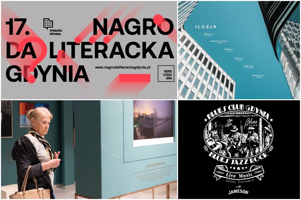 Kolaż zdjęć, od lewego górnego zgodnie z zegarem: Festiwal Miasto Słowa; Weekend Architektury w Gdyni; jam sessions w Blues Club Gdynia; Bolesław Just i jego twórczość - spotkanie z przewodnikiem na wystawie Ludzie / Miasto / Port w Galerii Klif. Źródło: materiały organizatorów 
