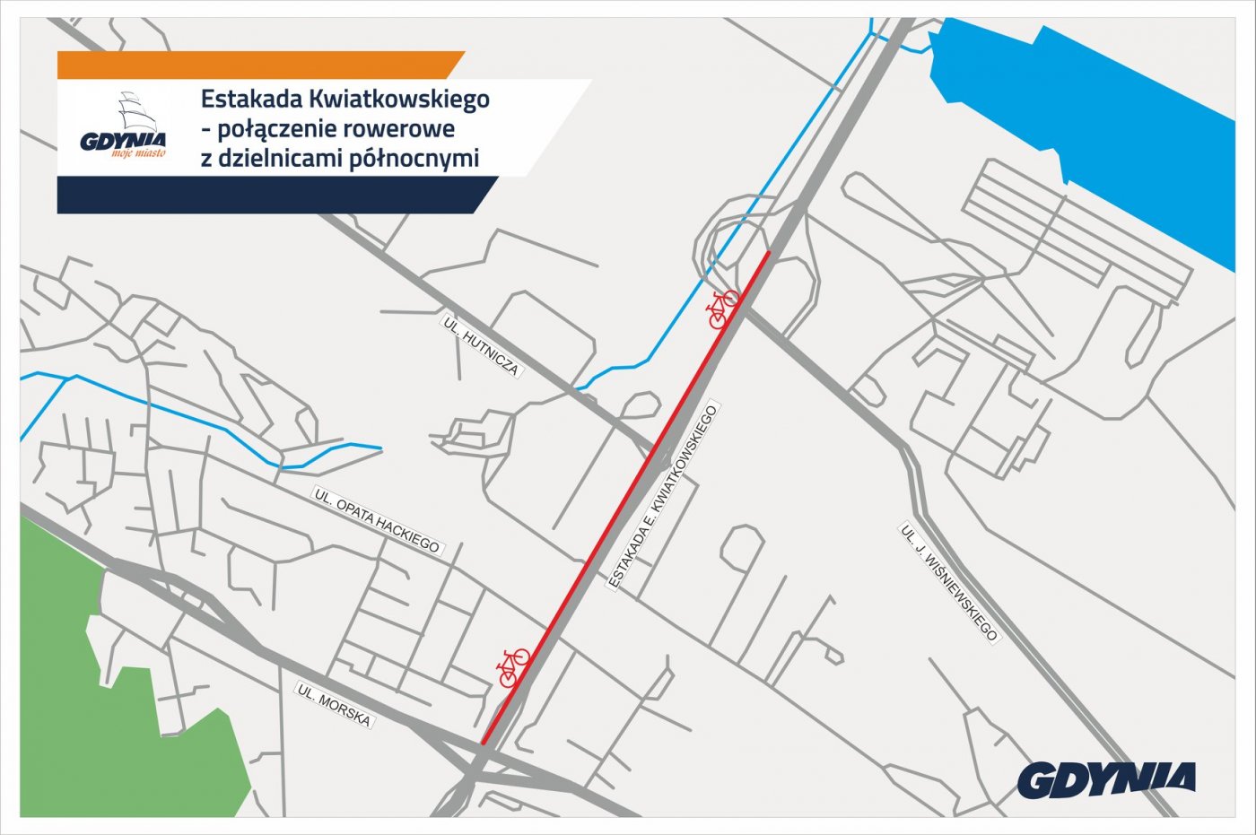 Estakada Kwiatkowskiego - połączenie rowerowe z dzielnicami północnymi, graficzny zakres inwestycji, mat.prasowe 