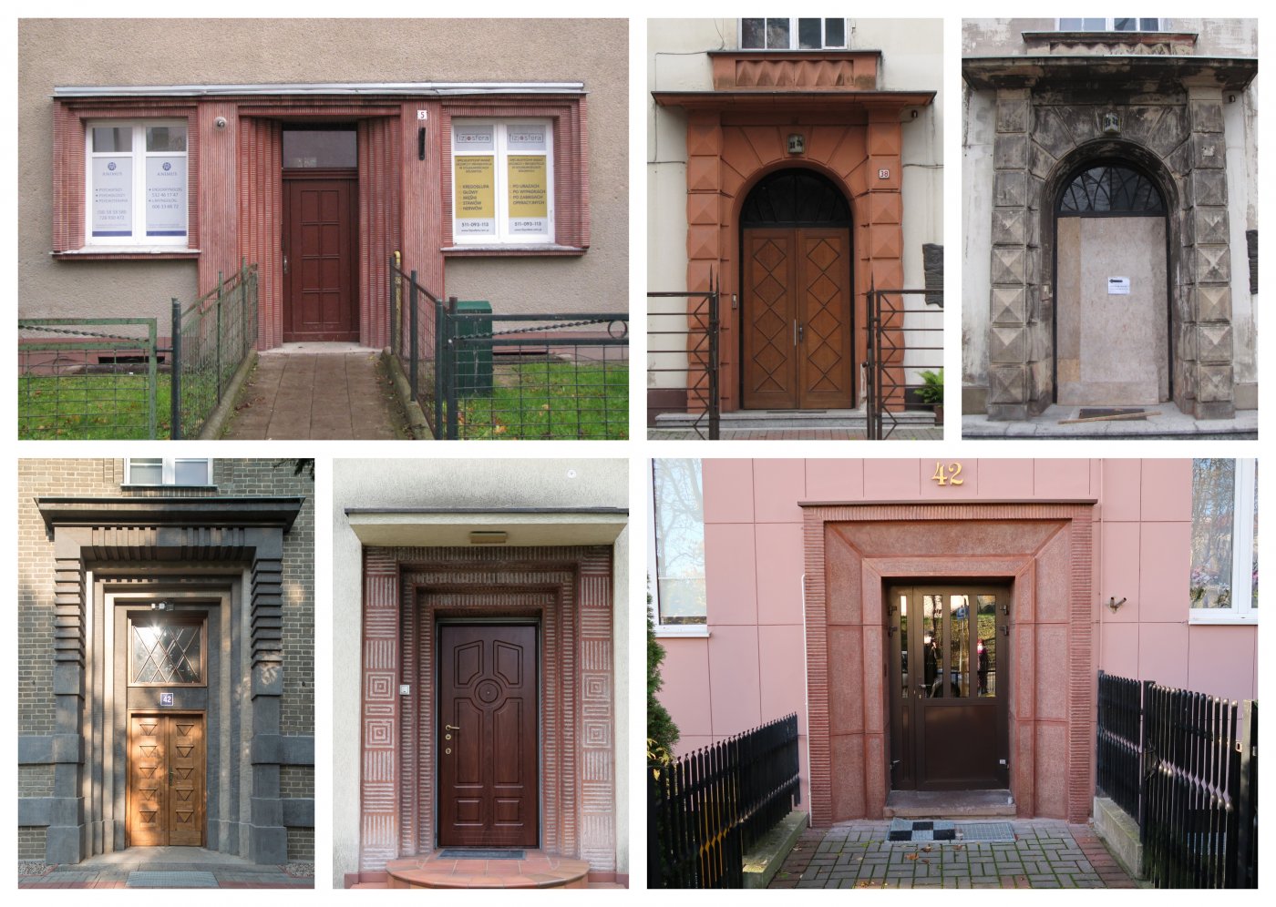Collage zdjęć przedstawiających wejścia do budynków zabytkowych, w większości portali z ozdobnym tynkiem i innymi elementami architektonicznymi