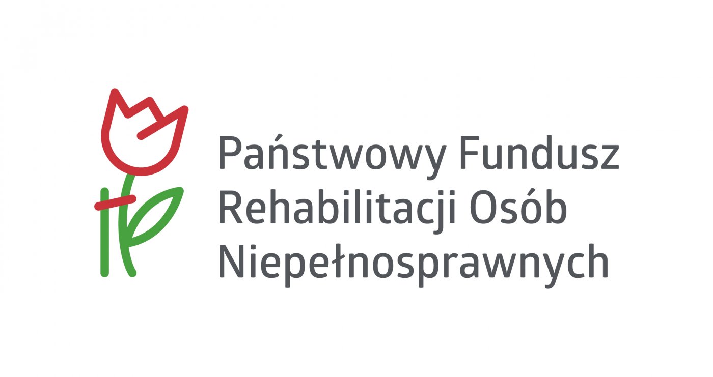 Logo PFRON.Na białym tle napis Państwowy Fundusz Rehabilitacji Osób Niepełnosprawnych.Z lewej strony kwiat.