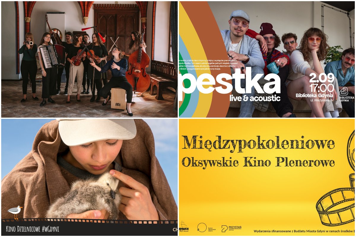 Kolaż zdjęć, od lewego górnego zgodnie z zegarem: koncert zespołu dzieła wybrane; koncert zespołu Pestka; Międzypokoleniowe Oksywskie Kino Plenerowe; Kino Dzielnicowe #wGdyni. Źródło: materiały organizatorów