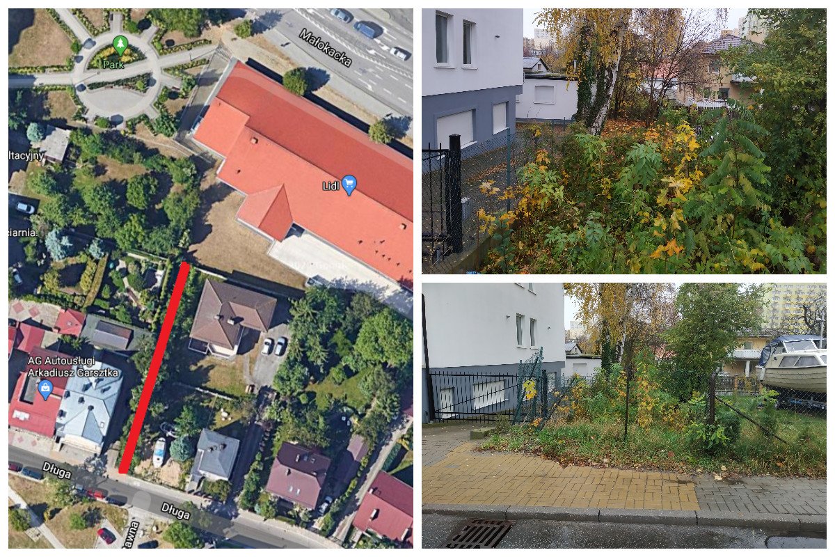 Kolaż zdjęć z zaznaczonym na czerwono odcinkiem, gdzie powstanie chodnik // fot. ZDiZ