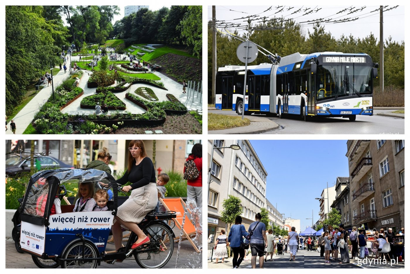 Na zdjęciu w górnym rzędzie od lewej: Park Centralny (fot. Michał Puszczewicz), nowoczesny, przegubowy trolejbus Solaris Trollino 12 (fot. Kamil Złoch). W dolnym rzędzie od lewej: gdyński rower cargo (fot. Michał Puszczewicz), woonerf na ul. Abrahama (fot. Kamil Złoch)