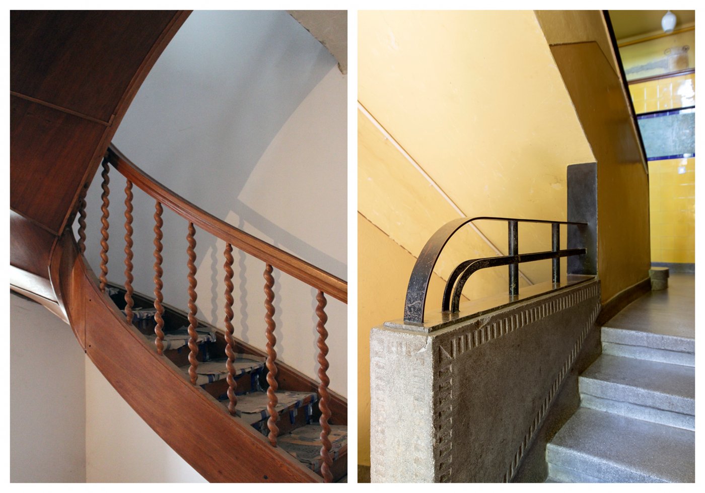 Profilowane słupki balustrady schodów w willi przy ul. Chylońskiej 112; Balustrada murowana zwieńczona metalową poręczą, klatka schodowa w kamienicy przy ul. Krasickiego 36