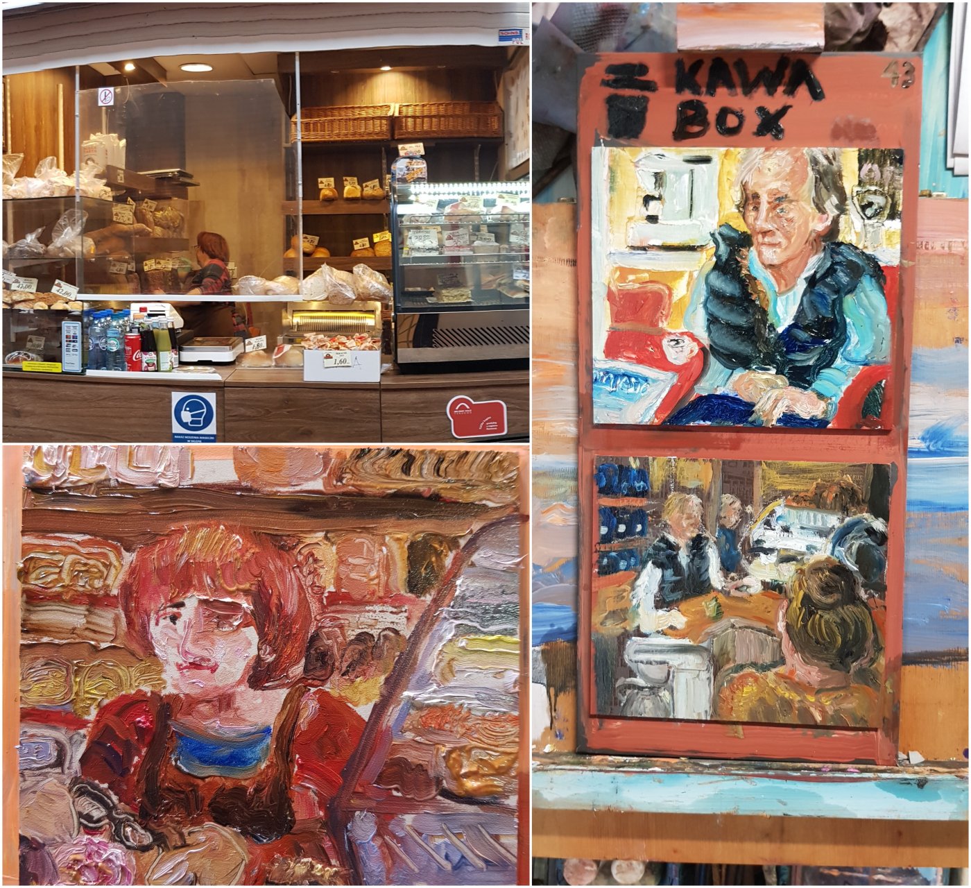 Kolaż zdjęć. Po lewej u góry: jedna z bohaterek wystawy - ekspedientka w piekarni. Po lewej na dole: portret ekspedientki z piekarni. Po prawej: portrety jednego z kupców z Hal Targowych w Gdyni // materiały prasowe stowarzyszenia Halo Kultura