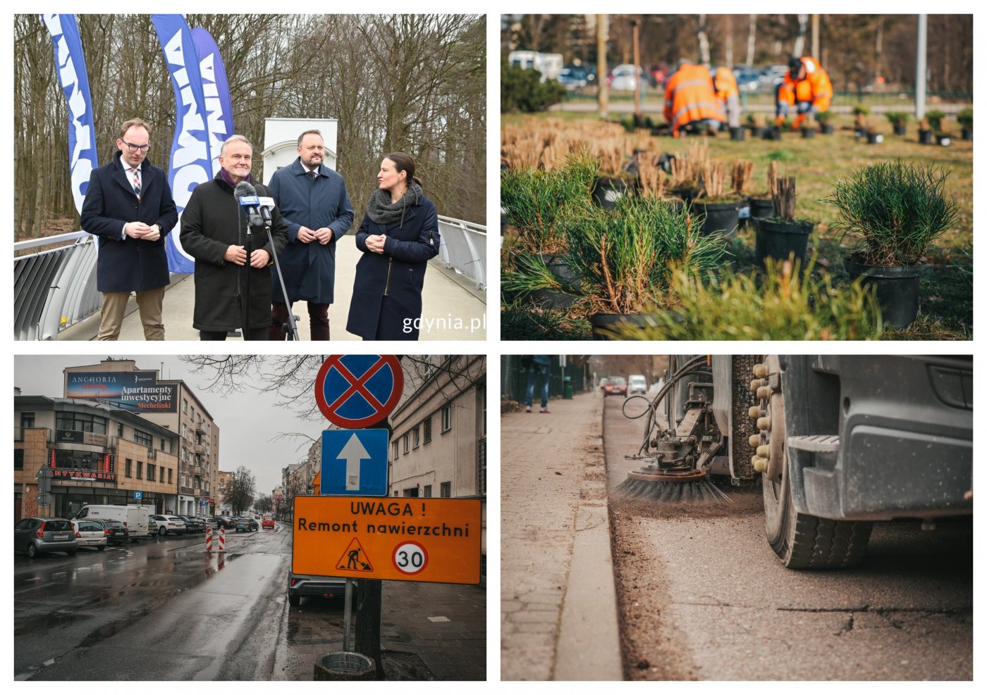 Konferencja prasowa dot. budowy obwodnicy Witomina,od lewej: Jakub Ubych, wiceprzewodniczący Rady Miasta Gdyni, Wojciech Szczurek, prezydent Gdyni, Marek Łucyk, wiceprezydent Gdyni ds. rozwoju, Agata Grzegorczyk, rzeczniczka UM Gdyni. // fot. M.Śliżewska. Nasadzenia w Gdyni, remont nawierzchni i maszyna sprzątająca ulice // fot. M. Mielewski ZDIZ Gdynia