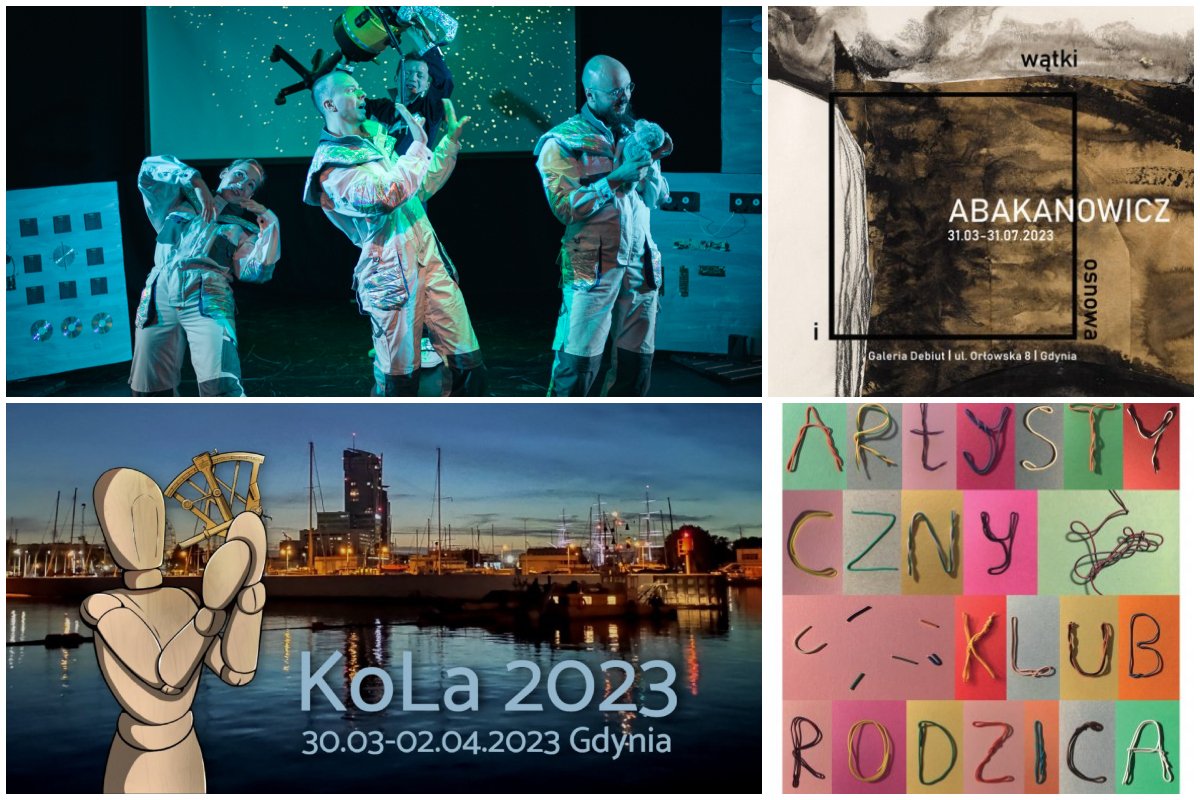 collage zdjęć, od góry: troje kosmonautów, fragment tkaniny, widok na Gdynię i patchwork z napisem artystyczny klub rodzica