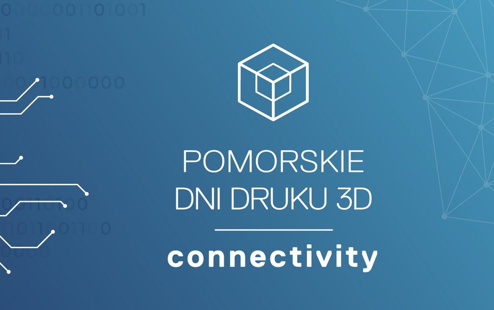 Granatowa plansza promocyjna Pomorskich Dni Druku 3D