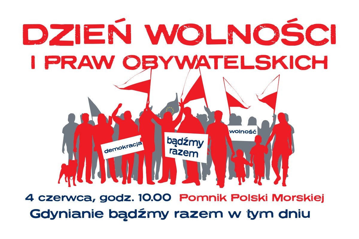 Grafika zapowiadająca wydarzenie 4 czerwca. Na grafice ludzie w biało-czerwonych barwach z flagami narodowymi.