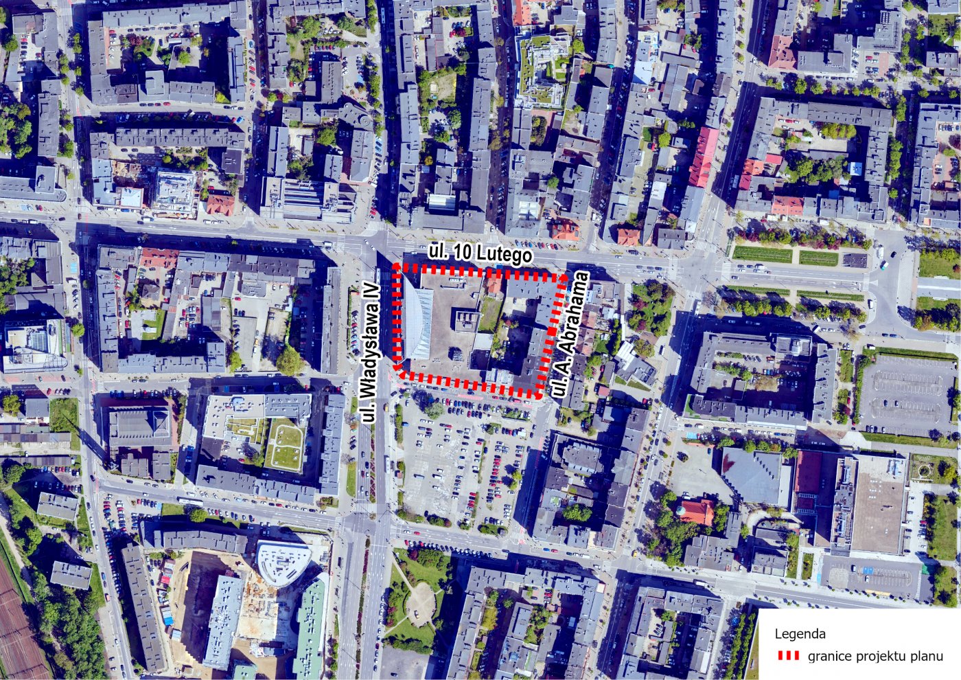 Projekt planu dotyczy obszaru w Śródmieściu Gdyni - na fragmencie mapy zaznaczonego czerwoną, przerywaną linią