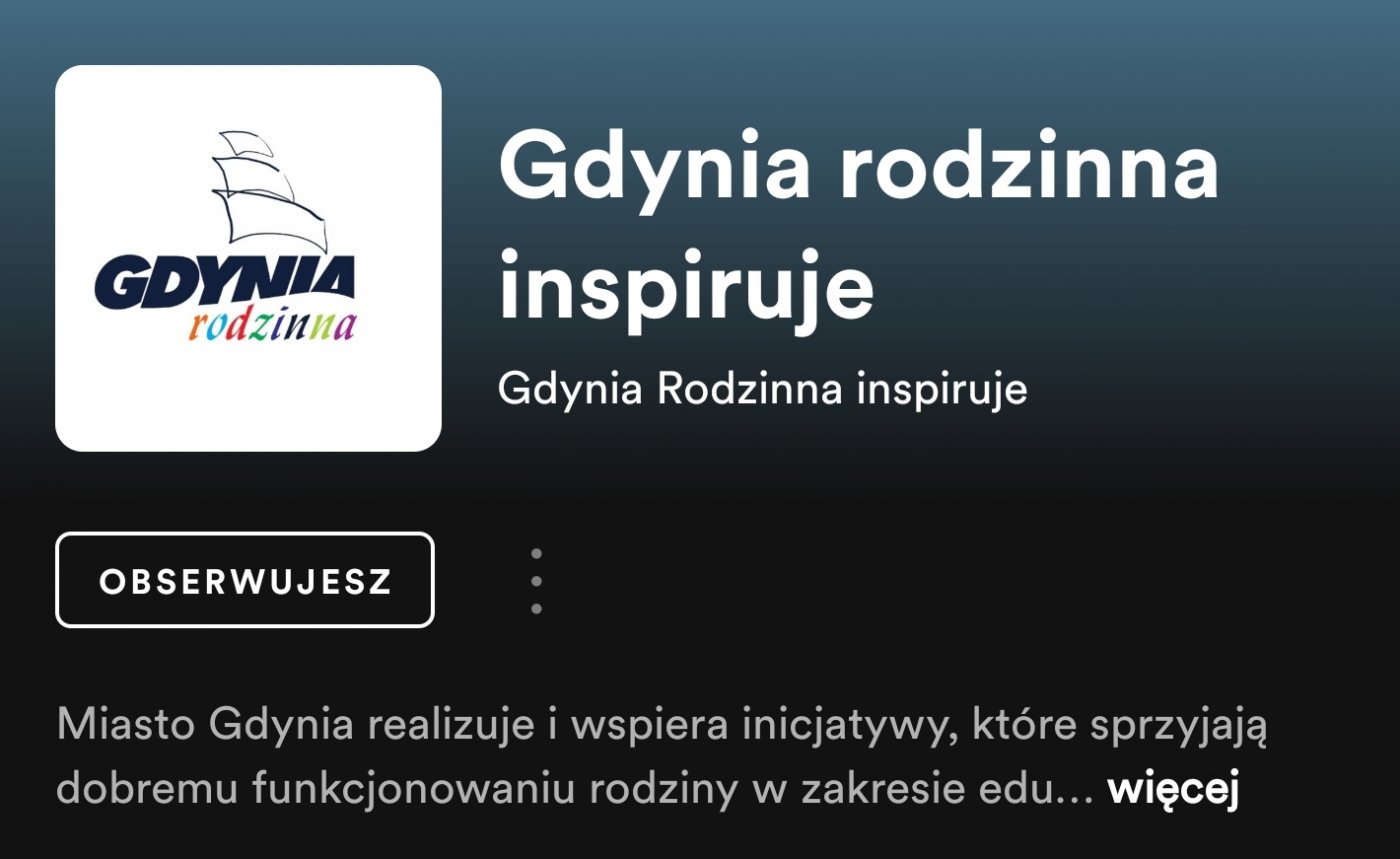 Profil Gdyni Rodzinnej na Spotify - na ciemnym tle logo Gdyni Rodzinnej oraz nazwa profilu: 