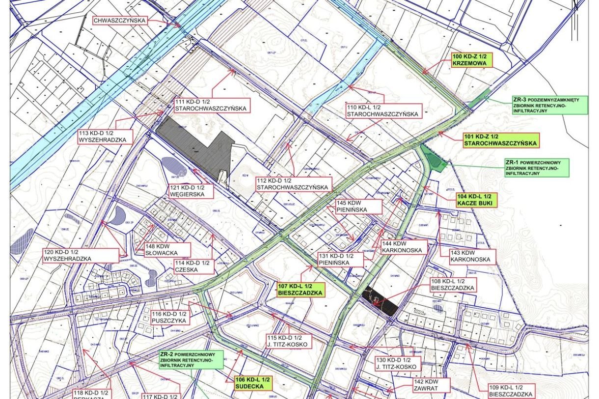 Budowa dróg wraz i infrastrukturą na terenie części dzielnicy Wielki Kack - tzw. Kacze Buki (wyrys sporządziła Aleksandra Sokołowska z Wydziału Inwestycji Urzędu Miasta Gdyni)