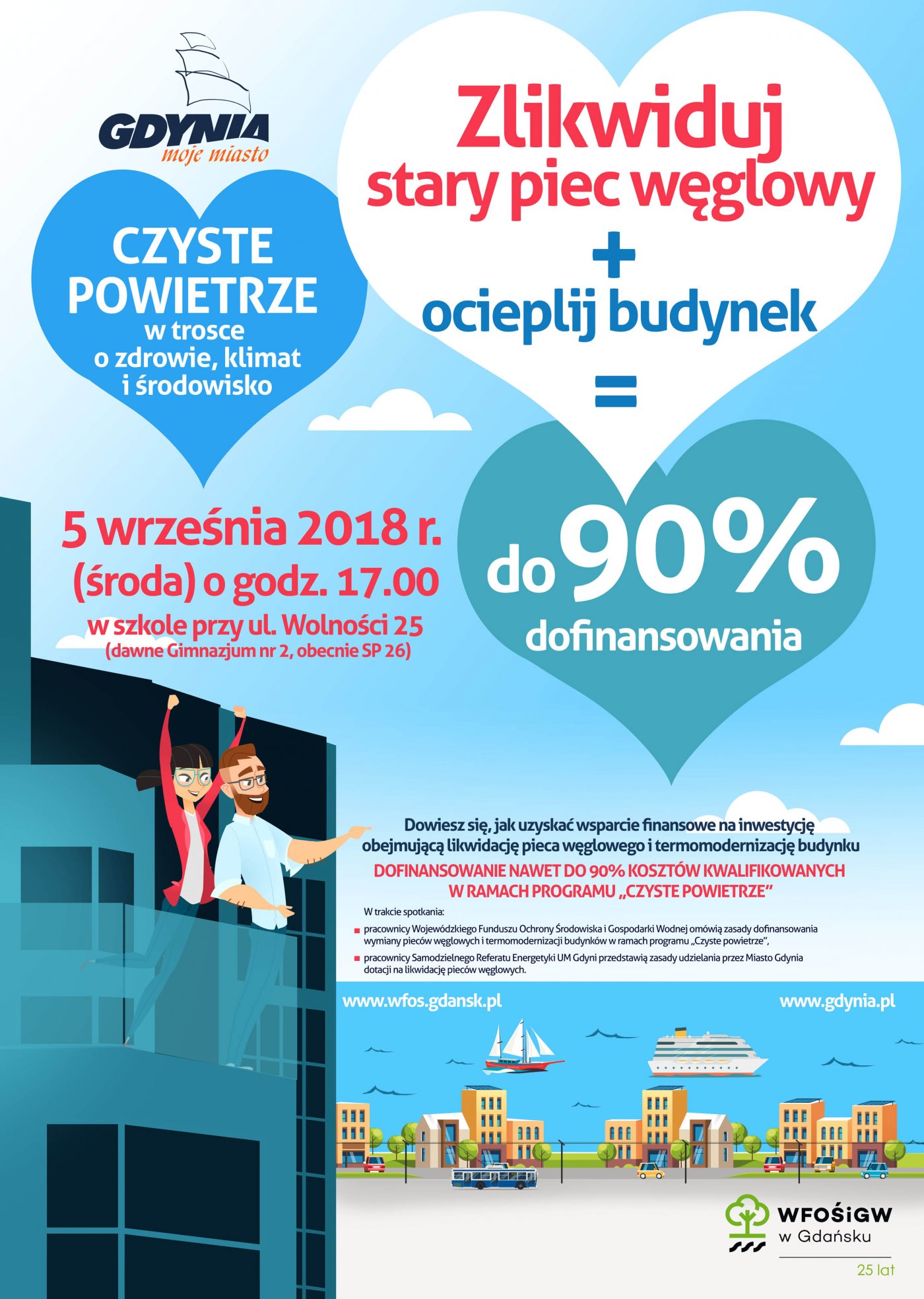 Plakat zapraszający na spotkanie informacyjne o programie Czyste Powietrze i innych dotacjach na wymianę źródła ogrzewania