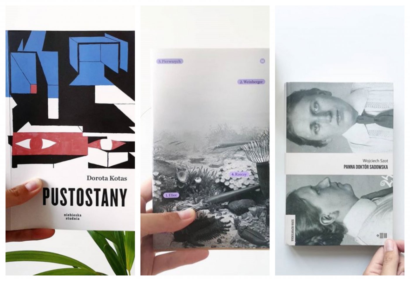 Nowości w Bibliotece Gdynia, od lewej: Dorota Kotas „Pustostany”, Eliot Weinberger „Z rzeczy pierwszych”, Wojciech Szot „Panna doktór Sadowska”. Zdjęcia: Biblioteka Gdynia