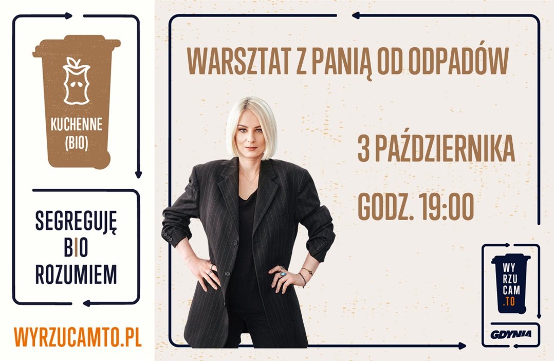 Plansza promocyjna, spotkanie z Panią od odpadów. Kobieta w czarnej marynarce, napisy, termin spotkania, tytuł, beżowe tło