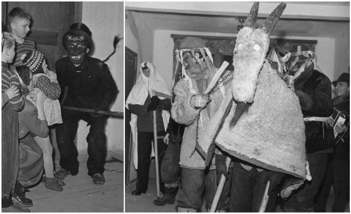 Kaszubskie maszkary. Z lewej: Łapalice 1958r., fot. J. Rydzewski, ze zbiorów Muzeum Narodowego w Gdańsku. Z prawej: Przetoczyno 1968r., fot. Z. Kosycarz, ze zbiorów Muzeum Narodowego w Gdańsku.