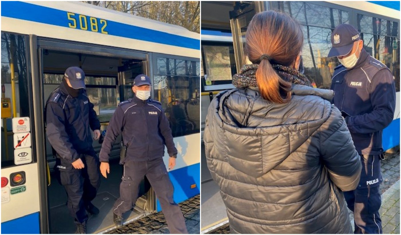 Kolaż dwóch zdjęć. Po lewej dwaj policjanci w mundurach wysiadają z autobusu, po prawej odwrócona plecami kobieta, przed nią policjant wypisujący mandat, w tle gdyński autobus w biało-niebieskich barwach