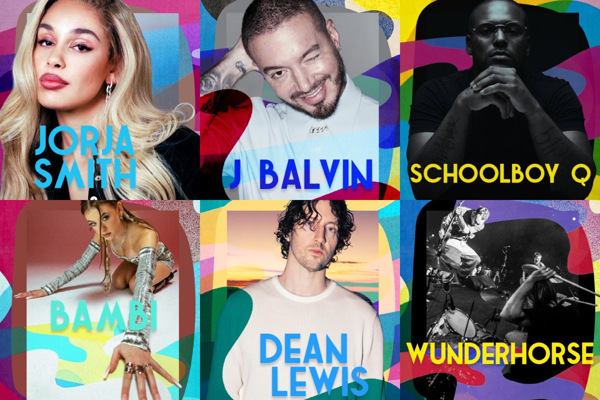 Kolaż sześciu grafik Open'er Festivalu - od lewej u góry kolejno zdjęcia i napisy artystów: Jorja Smith, J Balvin, Schoolboy Q, Bambi, Dean Lewis, Wunderhorse, kolorowe tła, napisy