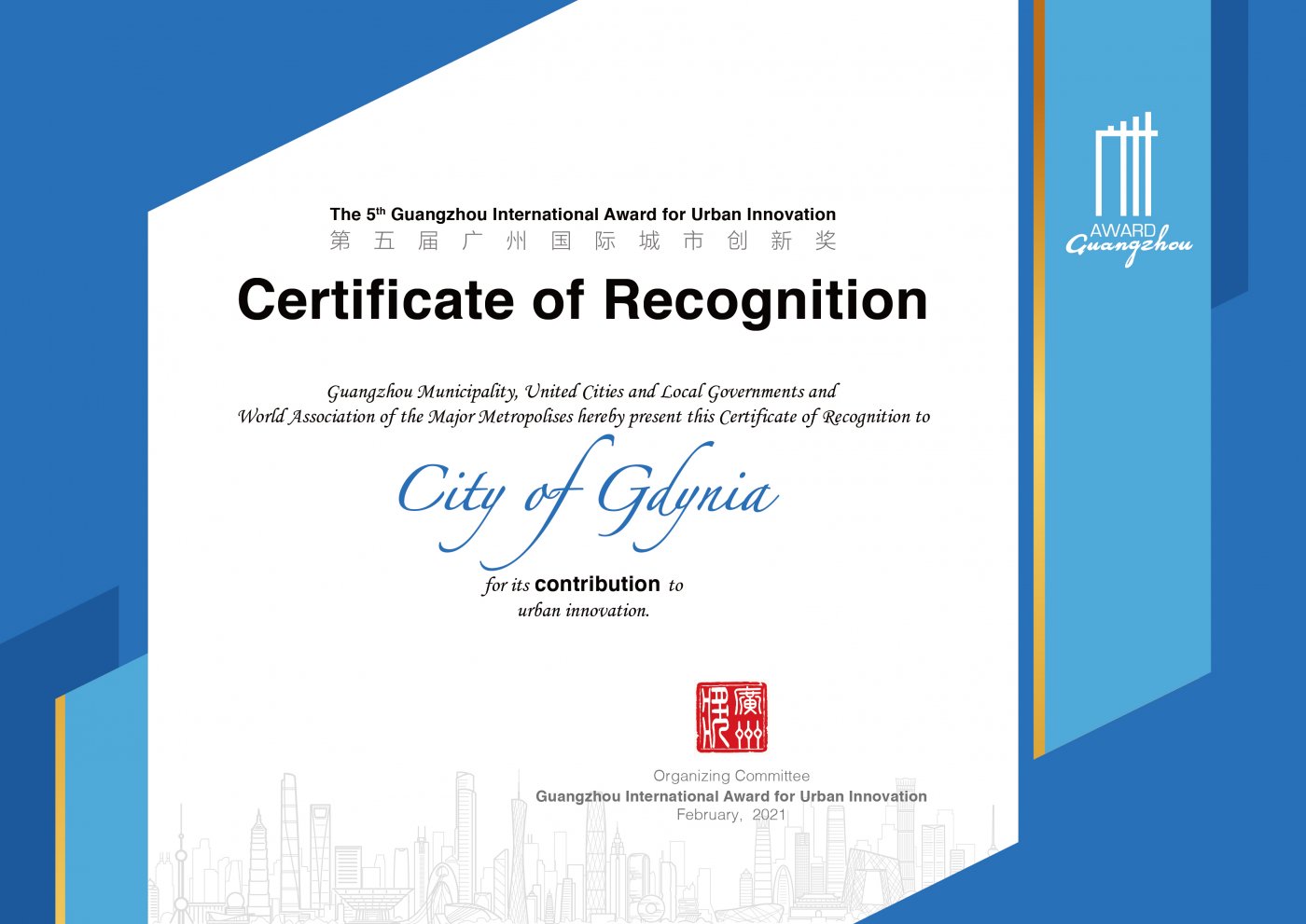 Certyfikat dla Gdyni od kapituły Międzynarodowej Nagrody Guangzhou