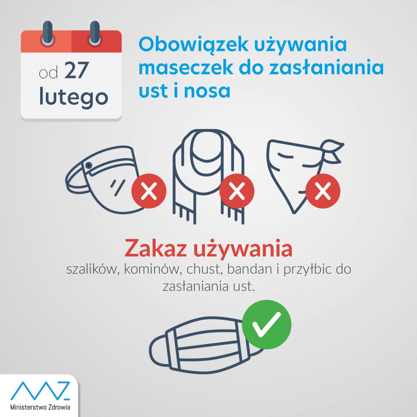 Plakat Ministerstwa Zdrowia: od 27 lutego obowiązek używania maseczek do zasłaniania ust i nosa. Zakaz używania szalików, kominów, chust, bandan i przyłbic do zasłania ust.