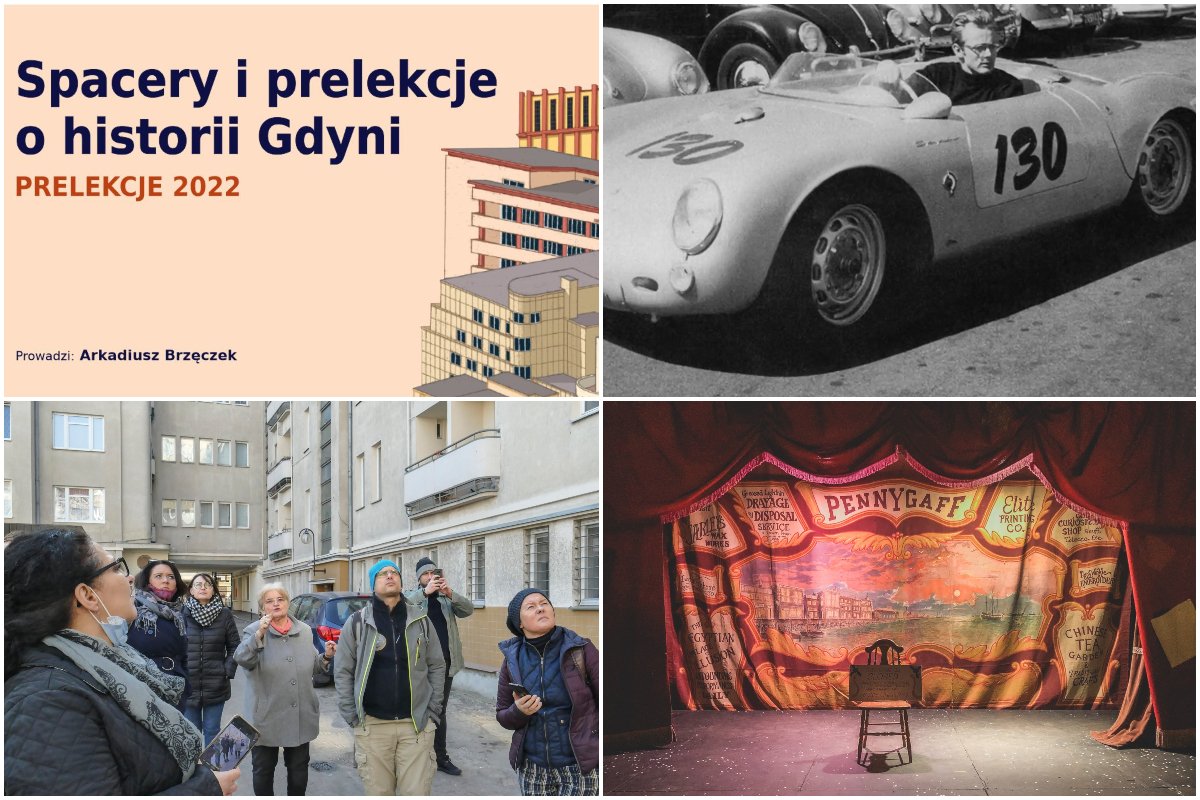 Kolaż zdjęć, od lewego górnego zgodnie z zegarem: Spacery i prelekcje o historii Gdyni; historia samochodu Jamesa Deana; teatrzyk dla dzieci 