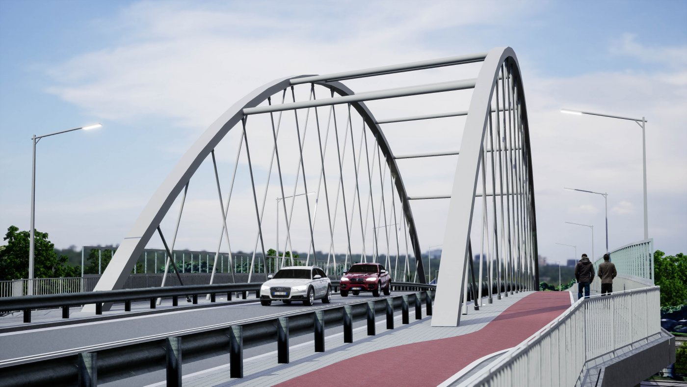 Trójwymiarowa wizualizacja, droga, tory kolejowe, nad torami wiadukt drogowy, na nim konstrukcja mostu z poprzecznymi przęsłami